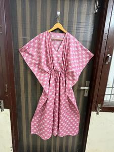 Women Pink Floral Print 100% Cotton <b>Kaftan</b> Dress Handmade Beach Cover Regular Fit <b>Summer</b> Lounge Wear Boho Breathable Natural - Product Image 1