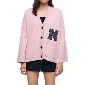 เสื้อคาร์ดิแกนไหมพรมคอวีสีเทาสำหรับผู้หญิง ปักลายตัวอักษร M ติดกระดุมแถวเดียว สไตล์วินเทจ เสื้อกันหนาวแขนยาว - Product Image 5