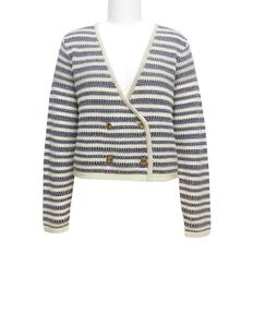 Cárdigan de Punto a Rayas con Cuello en V para Mujer, Manga Larga, Largo Corto, Botones al Frente, Estilo Casual para Otoño - Product Image 3