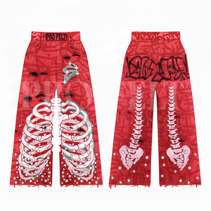 Pantalon de survêtement oversize personnalisé pour homme en toile avec imprimé graphique squelette et motif colonne vertébrale côtelée pour un style streetwear tendance - Product Image 3