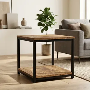 Mesa de Centro de Madera con Estructura de Hierro Negro y Estante Inferior de Almacenamiento, Mueble Rústico Industrial para Sala de Estar - Product Image 1