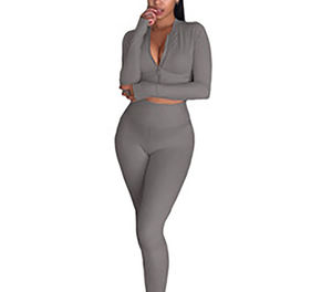 Ensemble de yoga 2 pièces pour femme : haut court zippé et leggings taille haute pleine longueur, couleur unie - Product Image 4