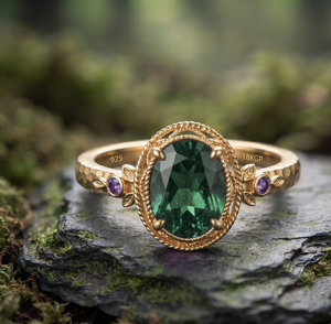 Anillo Ovalado de Plata Chapado en Oro de 18k VVLCO con Ónix Verde Creado en Laboratorio y Detalles Laterales Púrpura para Mujer, Compromiso, Boda, Tercera Opción - Product Image 1
