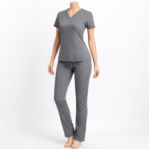 Women Gray Scrub Set Short Sleeve V-Neck Top With Pants Polyester Woven Hospital Uniforms - Product Image 1