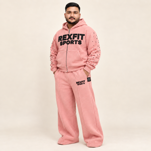 Conjunto Deportivo REXFIT para Hombre, Sudadera con Capucha de Felpa Rosa, Ropa Casual de Otoño, Cierre Frontal con Logotipo Impreso, Conjunto Deportivo Personalizado - Product Image 2
