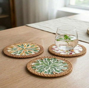 Square pearl shell <b>mosaic</b> tile coaster with rattan edge trim, available at wholesale prices. - Product Image 4