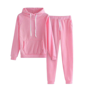 Ensemble de survêtement rose à capuche pour femme, manches longues, couleur unie, pantalon de jogging décontracté avec cordon de serrage et poches latérales, tenue d'automne - Product Image 1