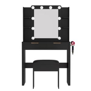 Toeletta da Trucco con Lampadine Hollywood e Stazione di Ricarica, Tavolo da Toeletta Scanalato con 2 Cassetti, 4 Ripiani Aperti e Spazio per Asciugacapelli - Product Image 6