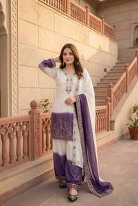 Conjunto de Kurta y Palazzo de Georgette de Doble Tono Premium para Mujer, Bordado con Estrellas y Dupatta con Lentejuelas |   Traje Étnico Indio Completamente Cosido - Product Image 4
