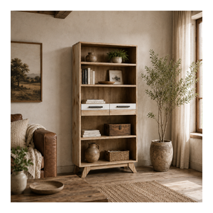 Modern Wooden <b>Bookcase</b> Furniture Open Shelf Storage Cabinet With Two Drawers OEM ODM Custom Design Available - Product Image 1