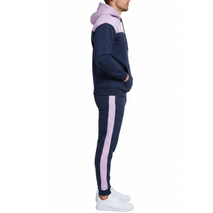 Conjunto Deportivo Premium para Hombre, Sudadera con Capucha y Pantalones Bicolor Horizontal Lavanda y Azul Marino - Product Image 3