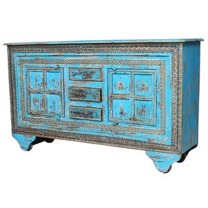 Vintage Mango Wood Distressed Blue <b>Sideboard</b> on Wheel with Brass Fitted Handcrafted For Interior Living Room Hotel Farmhouse - Product Image 6