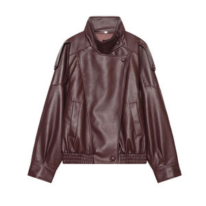 Veste en similicuir bordeaux vintage pour femme, coupe oversize, col montant, style rétro motard, manteau bomber streetwear - Product Image 1