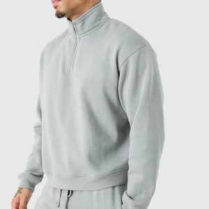 Men's Gray Half-Zip Sweatshirt and Pants <b>Tracksuit</b> Full Sleeve Solid Color Casual Breathable Cotton Autumn Wear - Product Image 5