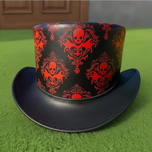 Premium quality custom made Handmade Leather Black <b>Top</b> Hat Red Skull Gothic Steampunk Halloween Costume Wear - Product Image 1