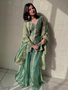 Luxury Pakistani Sharara Suit For Wedding Wear Fendy <b>Silk</b> <b>Fabric</b> Heavy Embroidery Indian Salwar Kameez Traditional Party Outfit - Product Image 6