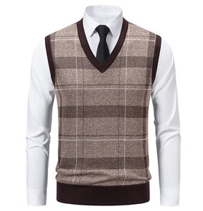 Chaleco de punto sin mangas a cuadros para hombre, suéter con cuello en V para otoño, ropa de negocios, chaleco de punto de poliéster con forro polar para hombre - Product Image 3