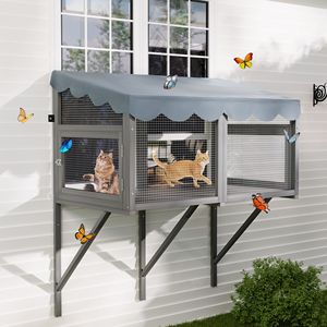 Catio di medie dimensioni in legno con finestra, espandibile, per gatti da interno, sicuro e confortevole, con accesso esterno e spazio per gattini - Product Image 3