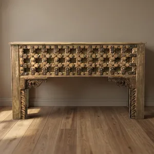 Table console en bois massif de style héritage avec deux tiroirs, finition métallique, table d'appoint pour petit espace, fabriquée à la main pour le salon - Product Image 5