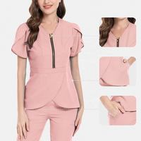 Ensemble de blouses médicales pour femmes, col en V, fermeture éclair sur le devant, pantalon de jogging, gris, coton et polyester, tissé, pour infirmières