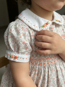 Customizable OEM ODM Embroidered Baby Dress Cotton Orange Floral Smocked Dress for Girls Factory Handmade children <b>clothes</b> - Product Image 5