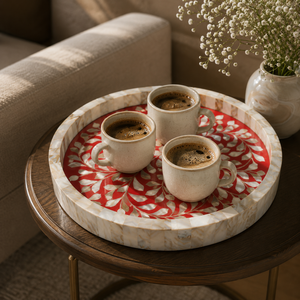 Mother of Pearl Inlay Round Serving Tray | Handmade Wooden Luxury Tray | Arabic Ramadan Eid Home Decor <b>Gift</b> Elegant Kitchen Tray - Product Image 1