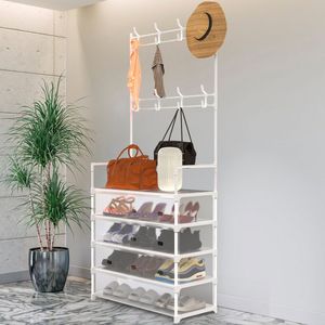 Appendiabiti da Ingresso a 5 Livelli in Metallo Autoportante con 8 Ganci Rimovibili e Ripiano Porta Scarpe per l'Organizzazione Domestica - Product Image 2