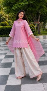 <b>Women</b> Traditional Silk Wrinkle Free All Seasons <b>Kurta</b> Set Embroidered Heart Design Pink Top Cream Farshi Salwar Dupatta Casual - Product Image 1