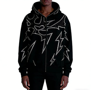 Sudadera con capucha negra para hombre con cremallera, estampado de rayo brillante, estilo urbano, corte regular, felpa francesa, 100% poliéster, otoño - Product Image 4