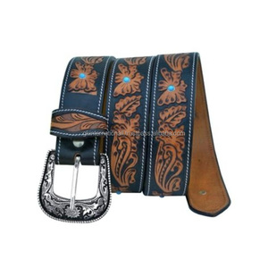 Cinturón de cuero repujado estilo western, acabado a mano, para hombre y mujer, con hebilla de latón con grabado floral. - Product Image 6