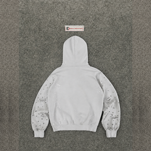 Customized Vintage Light Gray Distressed Zip Hoodie Oversized Streetwear <b>Men</b> Rhinestone Detail French Terry Hooded Embroidered - Product Image 6