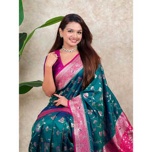 Sari en soie tissée Banarasi Jaal Zari vert, vêtements indiens et pakistanais - Product Image 6