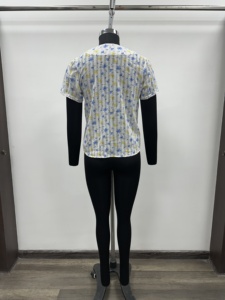 เสื้อเชิ้ตผู้หญิงลายดอกไม้ คอวี แขนสั้น แต่งลูกไม้ชายเสื้อ ผูกด้านหน้า ระบายอากาศได้ดี ผ้าฝ้าย 100% สไตล์ลำลอง เสื้อท่อนบนสำหรับฤดูใบไม้ผลิและฤดูร้อน - Product Image 3