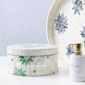 Mosaic Inlaid <b>Box</b>, Round Mother of Pearl Inlaid Wooden Jewelry <b>Box</b>, Daisy Pattern MOP Decorative Canister for <b>Keepsakes</b> & Vanity - Product Image 5