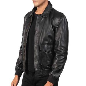 Chaquetas de cuero tipo bomber para hombre, de piel de oveja auténtica, con cierre de cremallera y solapa con botones, estilo cuello camisero, premium. - Product Image 2