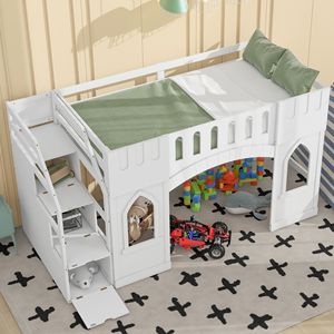 Letto a soppalco bianco singolo con scala contenitore e finestra - Prodotto per letti per bambini - Product Image 3
