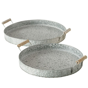 Set of 2 Round Galvanized Metal Serving Trays with Wood Handles <b>Star</b> Pattern <b>Decorative</b> Trays for Farmhouse Coffee Table - Product Image 1