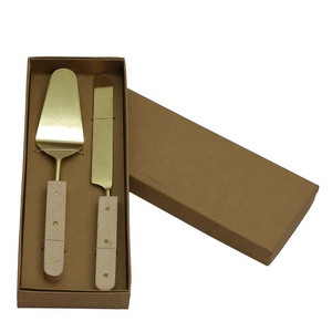Gold Plated Party Dessert Long Flat Amazing Wooden Handle Stainless Steel Wedding Cake Knife & Server <b>Set</b> - Product Image 1