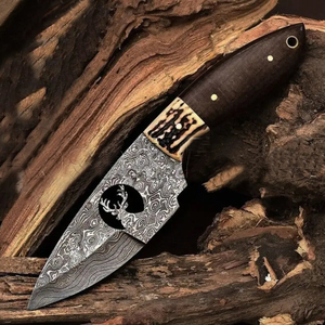 Cuchillo de caza OEM Wirecut de acero de Damasco, tipo Skinner, mango de micarta de ciervo, hoja fija, para camping, actividades al aire libre y EDC, con funda de cuero. - Product Image 1