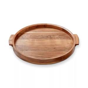 Premium Round Acacia Wood Serving <b>Tray</b> with Handles | <b>Large</b> Eco-Friendly Wooden Ottoman Platter | Wholesale Food Coffee <b>Tray</b> - Product Image 1