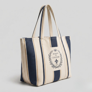 Sac fourre-tout en toile de coton French Crest, écologique, crème et bleu marine rayé, grande capacité, sac à main vintage de luxe pour femmes - Product Image 3