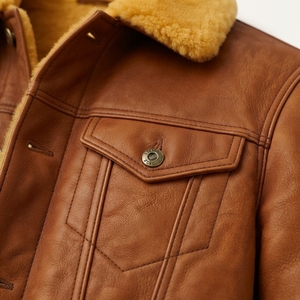 Unisex <b>Brown</b> Genuine <b>Leather</b> <b>Jacket</b> with Faux Fur Turn-down Collar Hooded Zipper Closure Eco-Friendly Autumn Wear Front Logo - Product Image 4