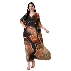 Robe Kaftan Courte pour Femme – Imprimé Paon Ethnique Jaune et Vert, Tunique Ample Festive - Product Image 1