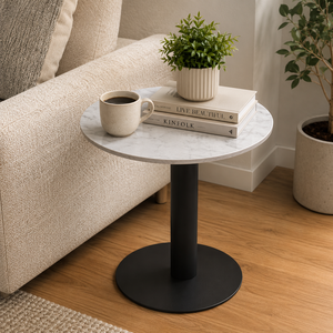 Modern <b>Round</b> Faux Marble Top Side <b>Table</b> with Black Metal Pedestal Base Accent Coffee End <b>Table</b> for Living Room Bedroom Furniture - Product Image 3