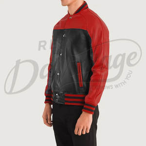 เสื้อแจ็คเก็ตหนังแท้สองสีแดงดำสำหรับผู้ชาย สไตล์เบสบอล พรีเมียม  แบบ Letterman - Product Image 5