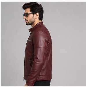 High Quality Men's <b>Burgundy</b> <b>Leather</b> Moto <b>Jacket</b> Stand Collar Zipper Closure - Product Image 3