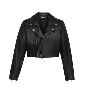 Chaqueta Corta de Cuero PU de Lujo para Mujer, Negra, Personalizada, Otoñal, Sólida, Impermeable, Cortavientos, Estilo Motociclista, con Botones Tejidos - Product Image 1