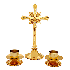 ชุดแท่นบูชาทองเหลือง 3 ชิ้น พร้อมฐาน |   ชุดไม้กางเขนและเชิงเทียนสำหรับโบสถ์ - DOUBLE VEE EXPORTS - Product Image 1