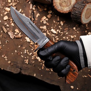 Cuchillo de caza nórdico forjado a mano de cobre y damasco, hecho a medida, hoja fija con punta de clip, mango de palisandro, funda, cuchillo de 10 pulgadas - Product Image 4