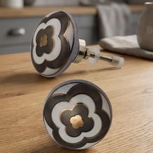 Ceramic Cabinet Knobs Asian Style Black White <b>Gold</b> Flower Design for Kitchen Living Room Home Office Furniture Durable - Product Image 1